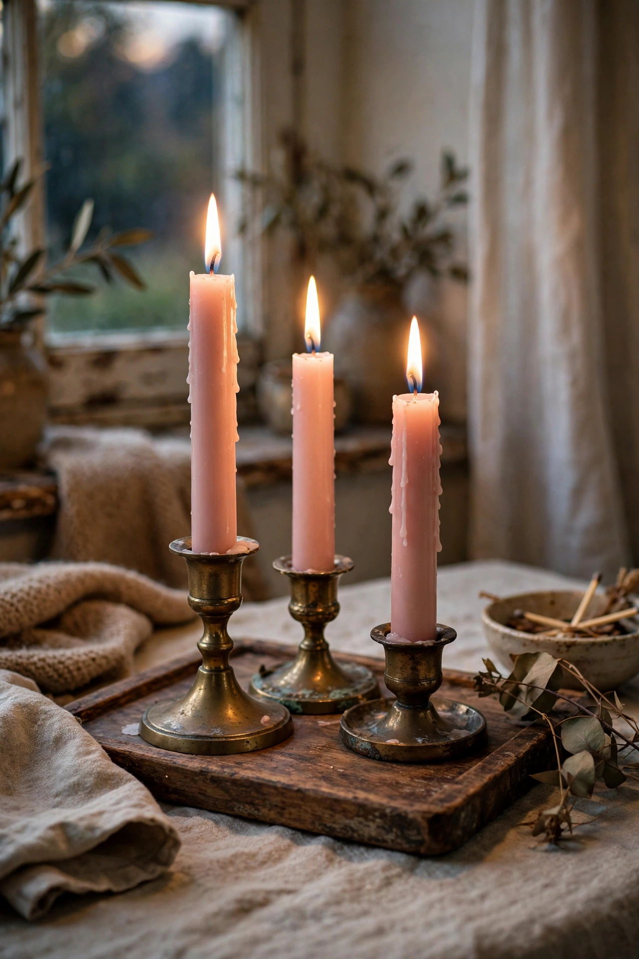 Blush pink taper candles in brass holders glowing on a coffee table tray