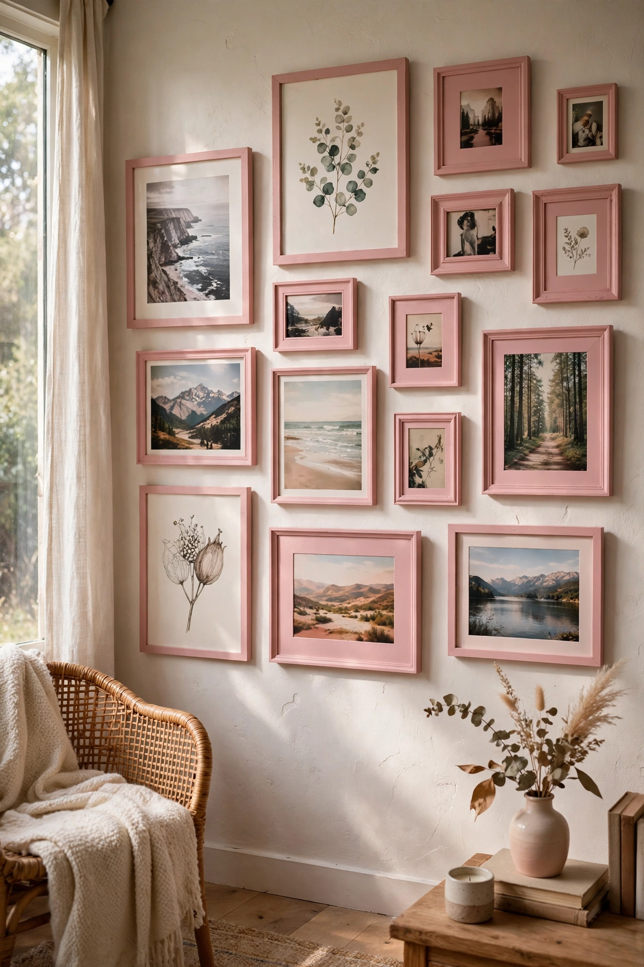 Mismatched picture frames spray-painted blush pink in a unified gallery wall