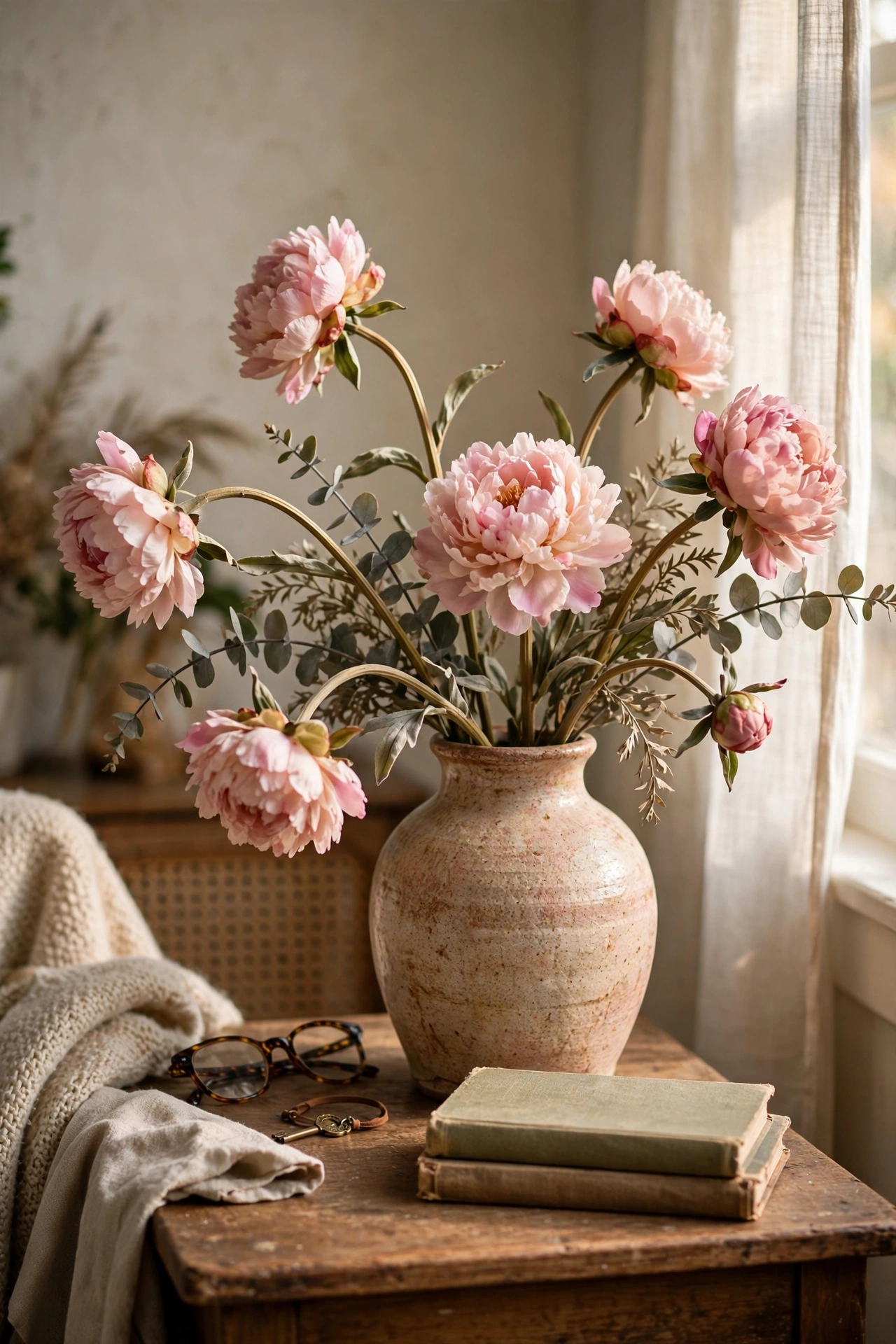 Faux blush peony stems with natural droop in a thrifted ceramic vase