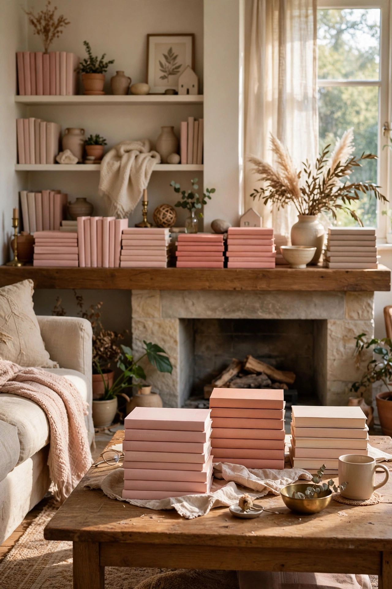Blush-spined books color-grouped in stacks on a coffee table and mantel