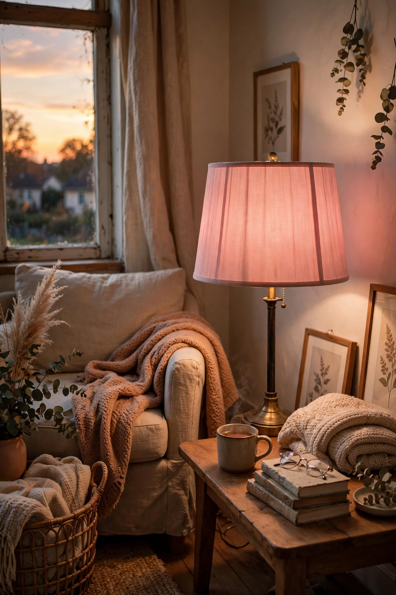 Table lamp with a blush pink drum shade glowing warmly in a reading corner