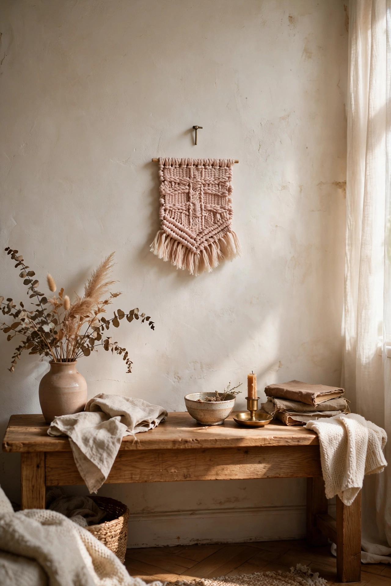 Small blush woven wall hanging above a console table in a living room