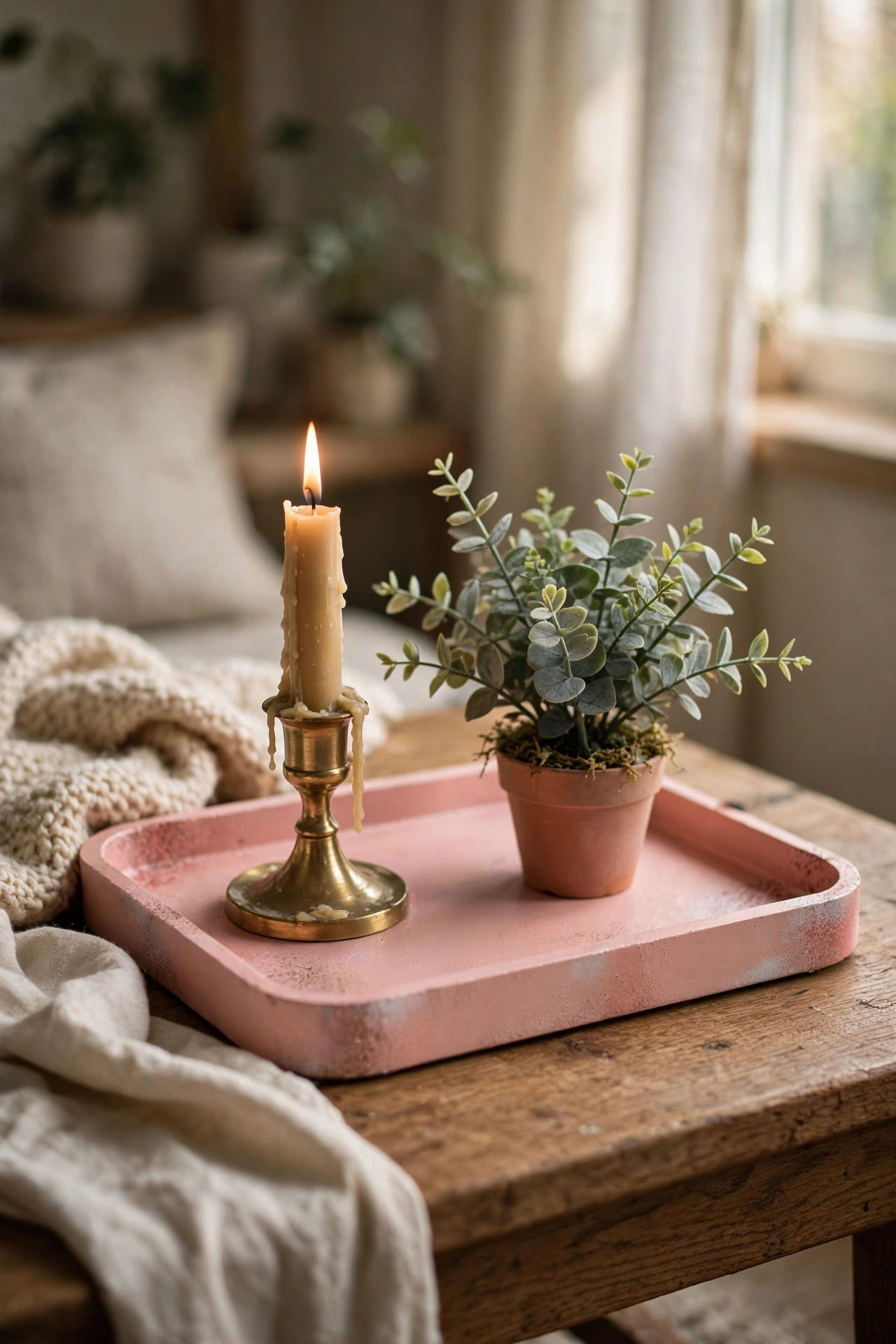 Blush pink tray with brass candle holder and plant styled on a coffee table