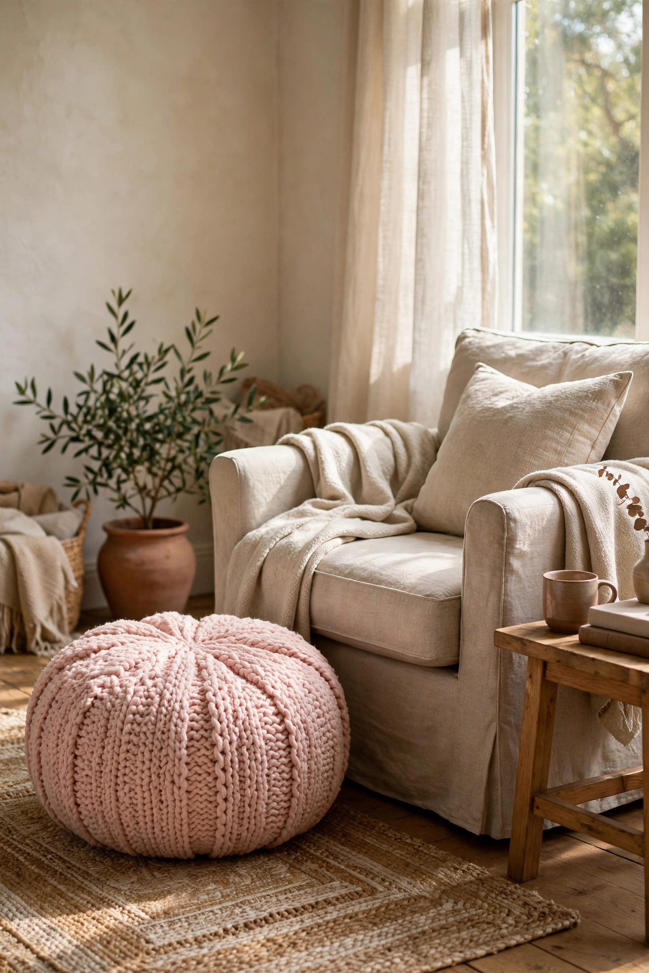 Round blush pink knit pouf beside an armchair in a cozy living room