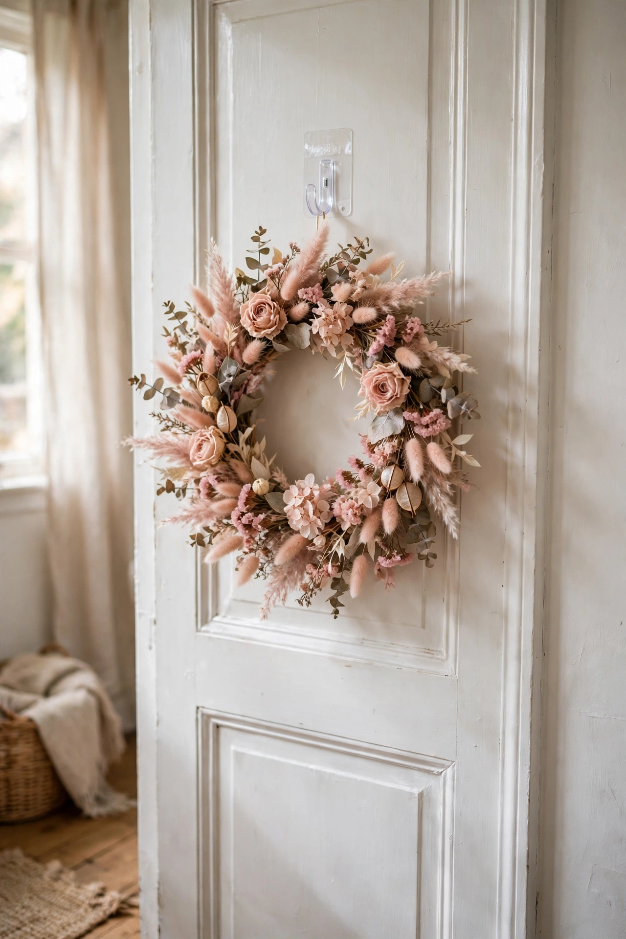 Dried flower wreath in blush tones hanging on a living room interior door