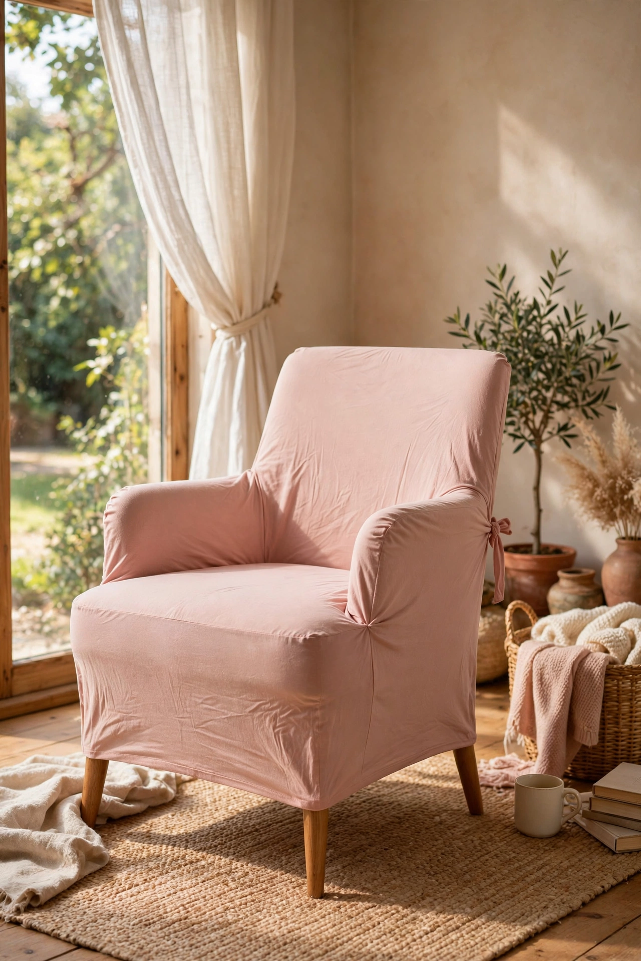 Accent chair with a tailored blush pink stretch slipcover in a living room