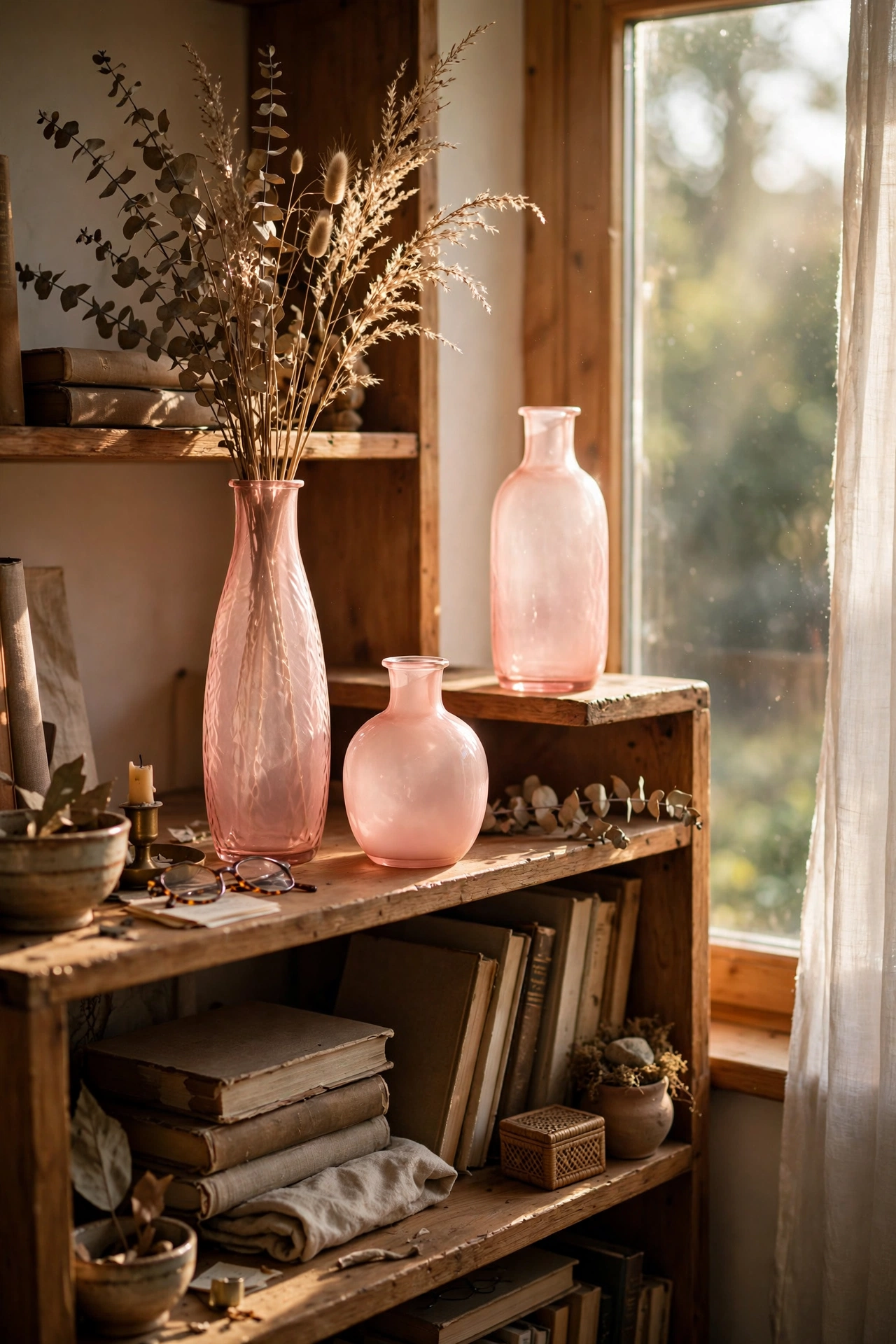 Three blush pink glass vases at varied heights glowing on a bookshelf