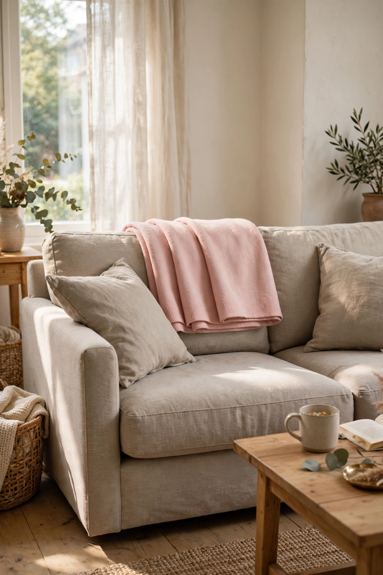 Blush pink throw folded neatly over the back of a neutral sofa