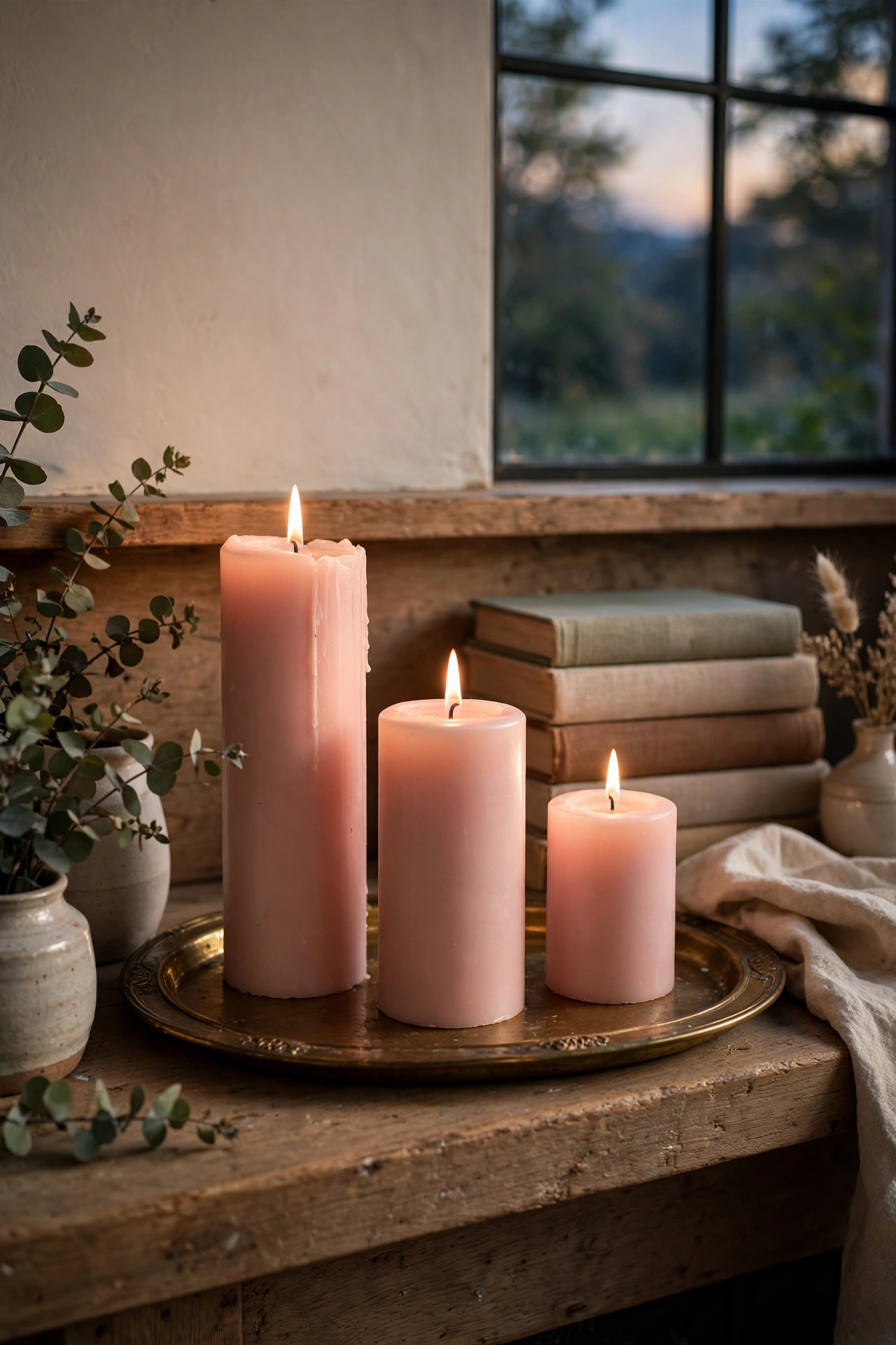 Blush pink pillar candles clustered on a brass tray on a mantel