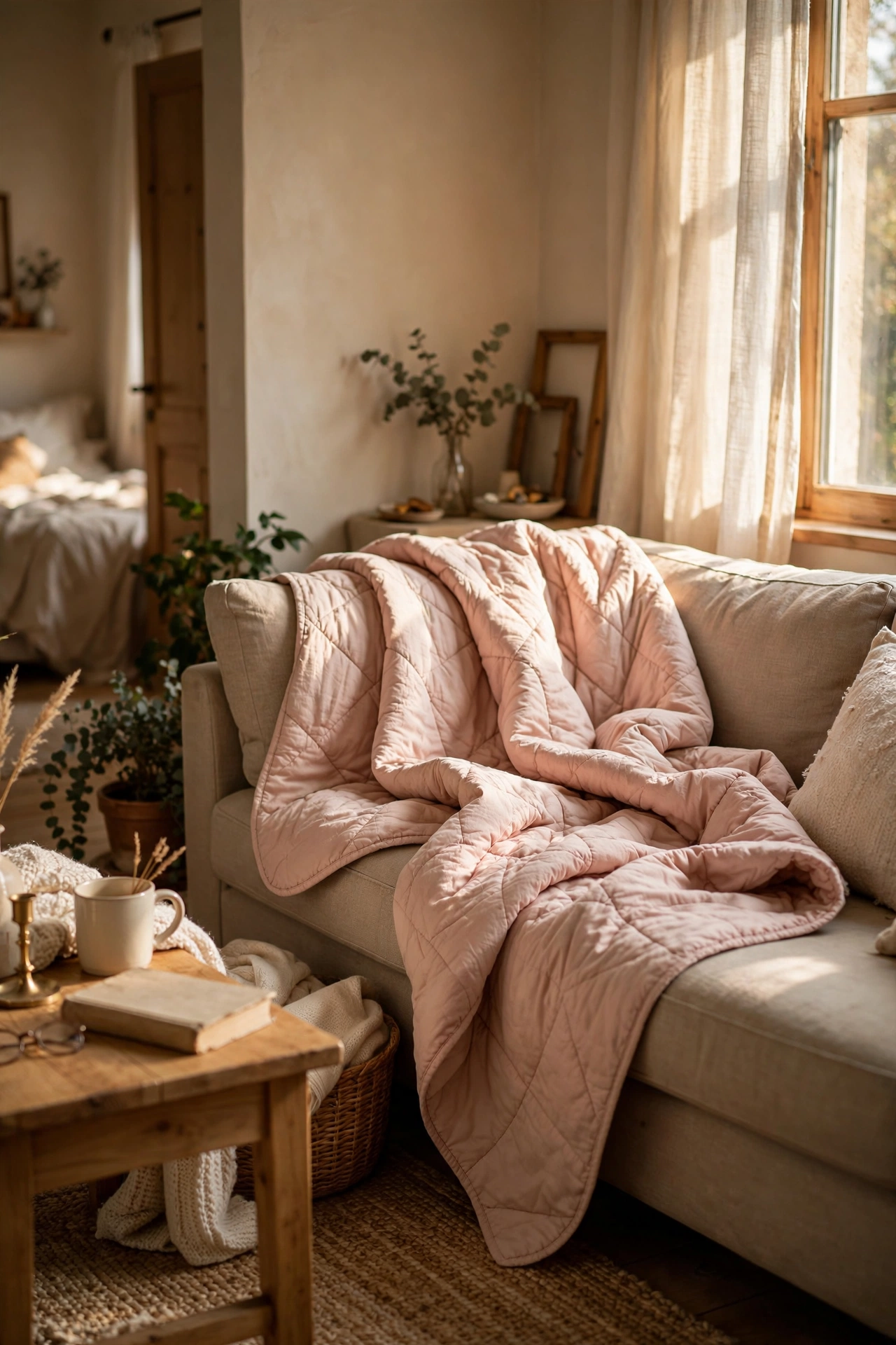 Blush quilt borrowed from the bedroom draped over a living room sofa
