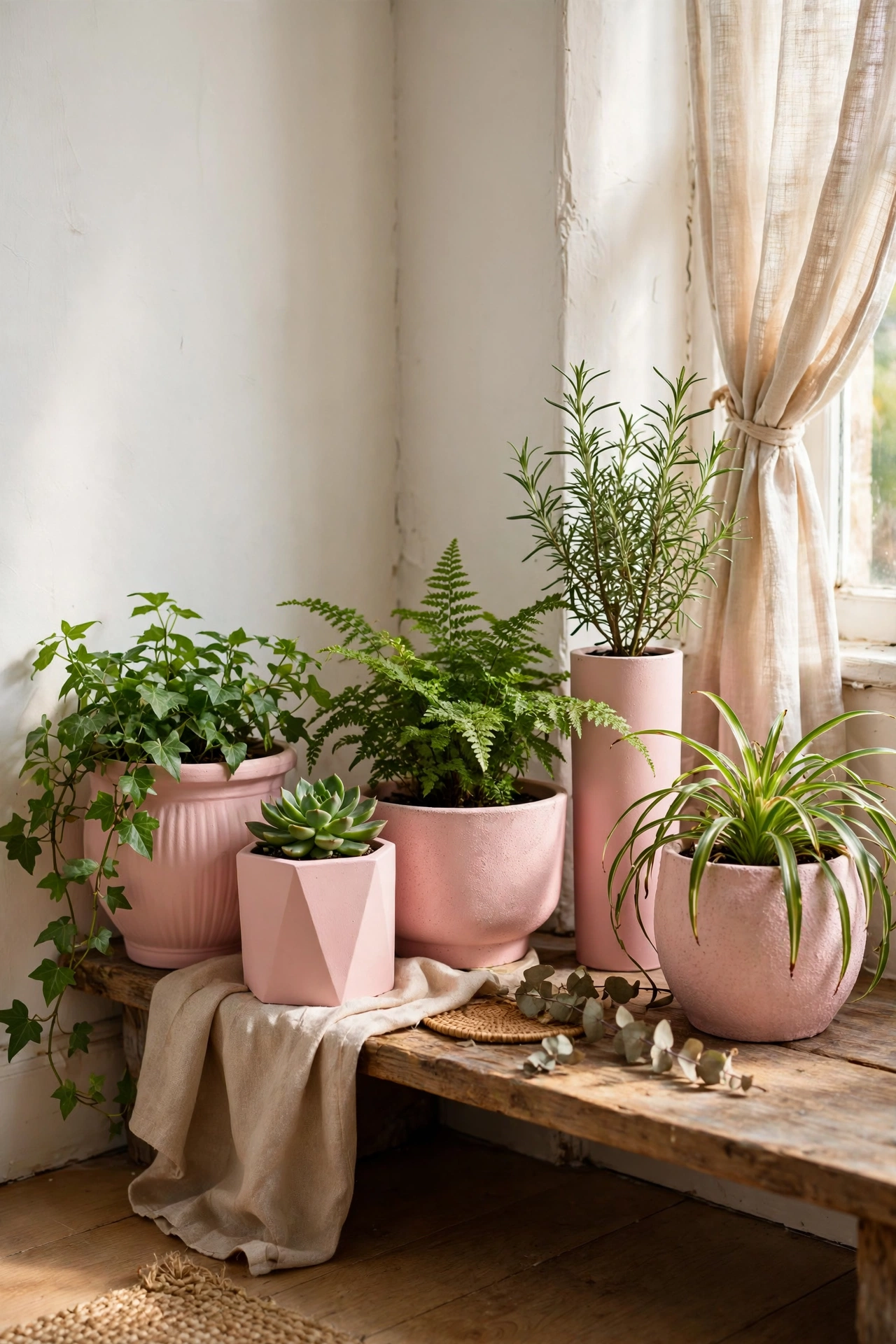 Mismatched plant pots spray-painted blush pink in a unified plant corner