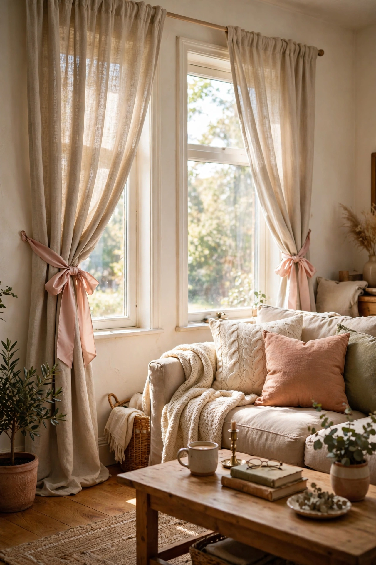 Blush satin ribbon tiebacks holding back living room curtains in loose bows
