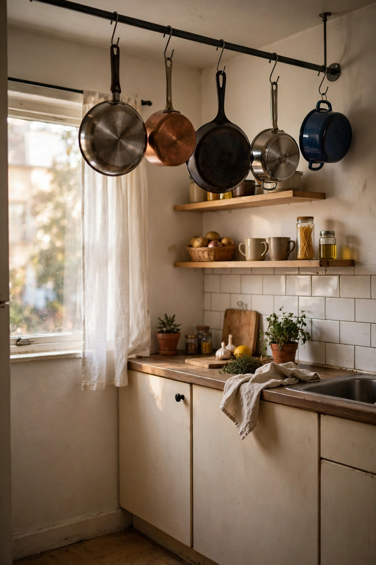 Pots and pans hanging from a ceiling rail in a small apartment kitchen