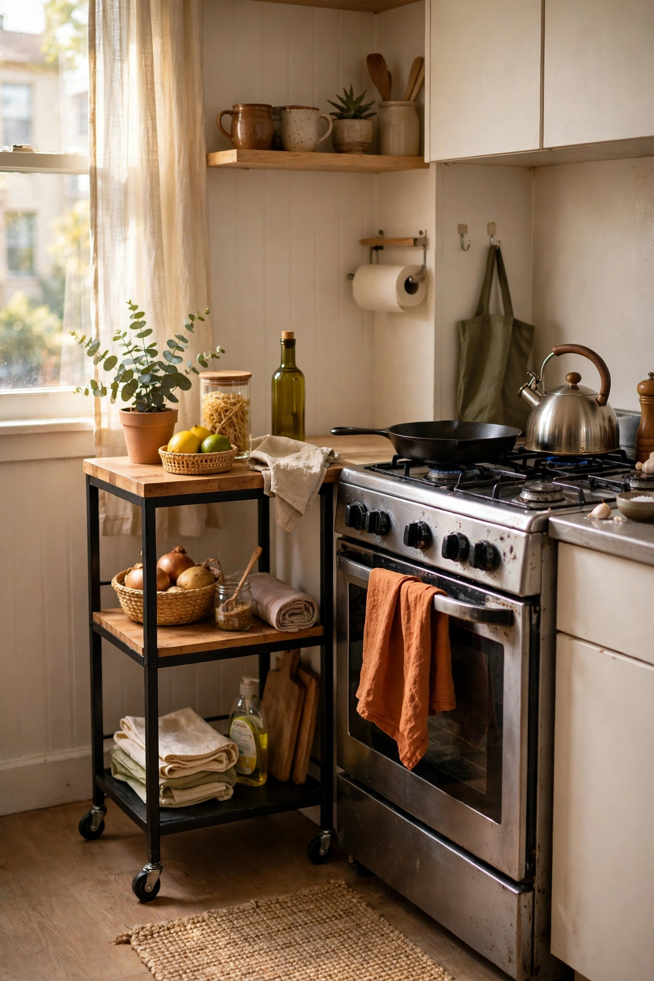 Slim rolling kitchen cart used as extra counter beside a stove in a small apartment