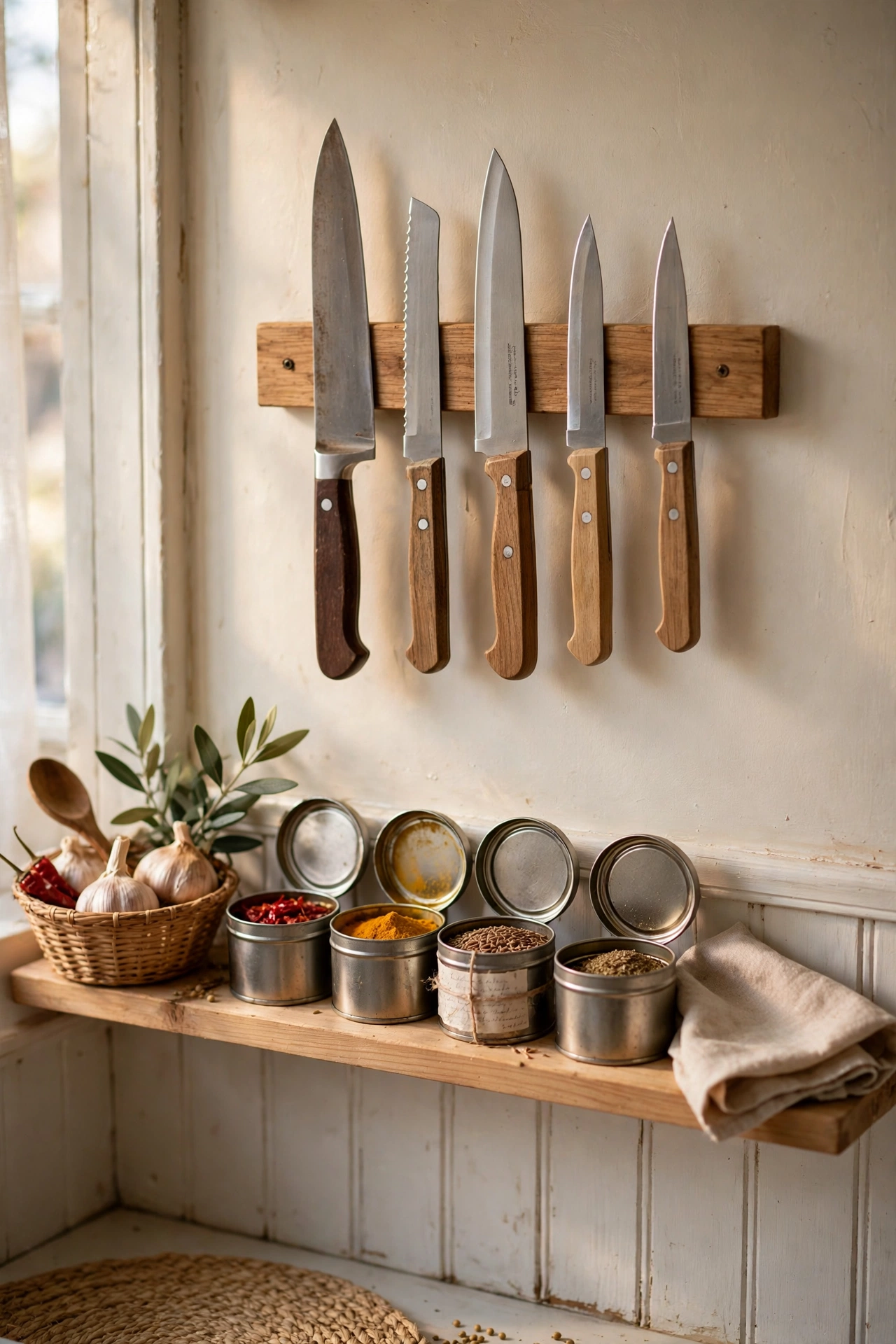 Magnetic knife strip with knives and spice tins on a small kitchen wall