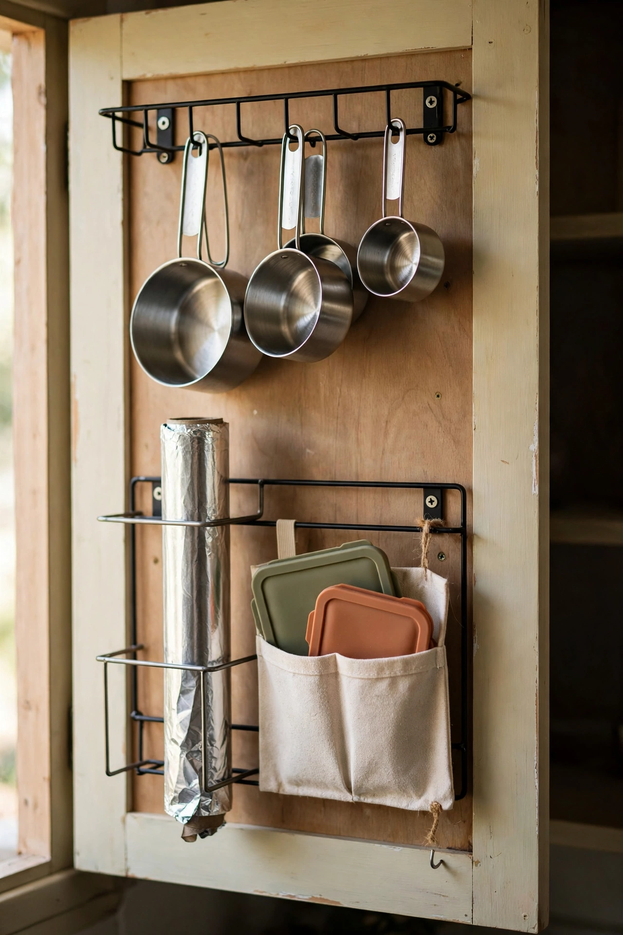 Inside of a kitchen cabinet door with racks for measuring cups and foil