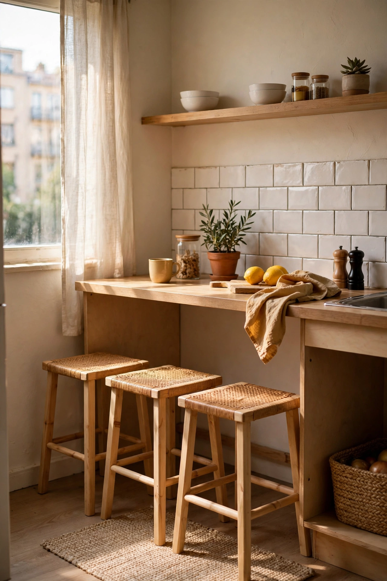 Backless stools tucked under a small apartment kitchen counter