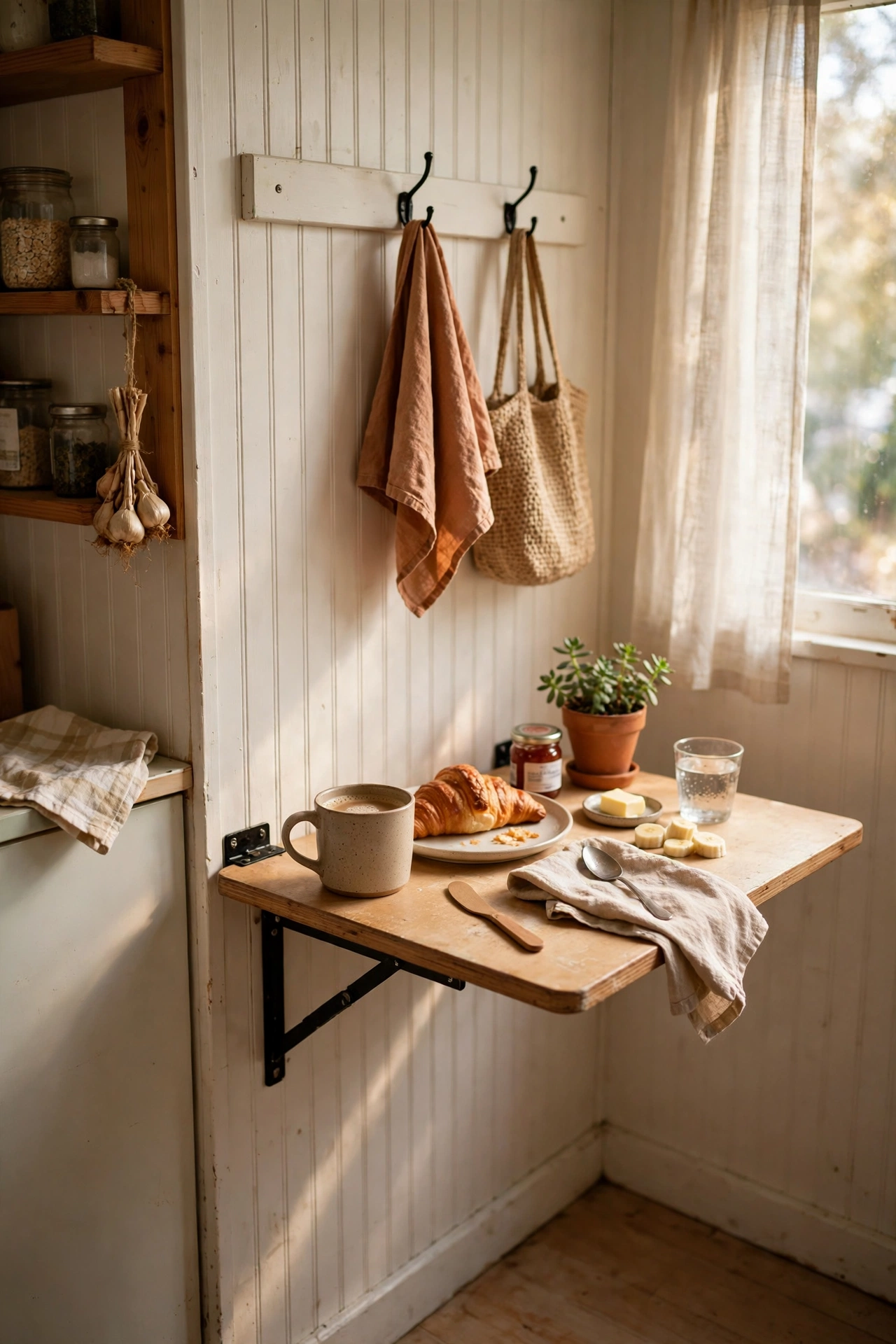 Fold-down wall table set for breakfast in a tiny apartment kitchen