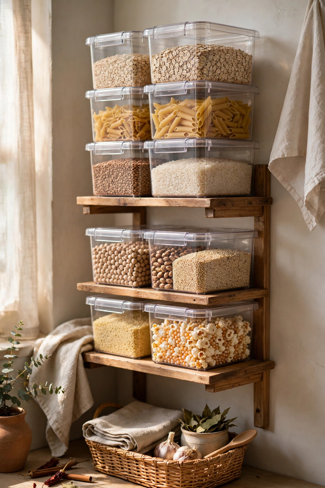 Clear labelled pantry bins stacked neatly on small kitchen shelves