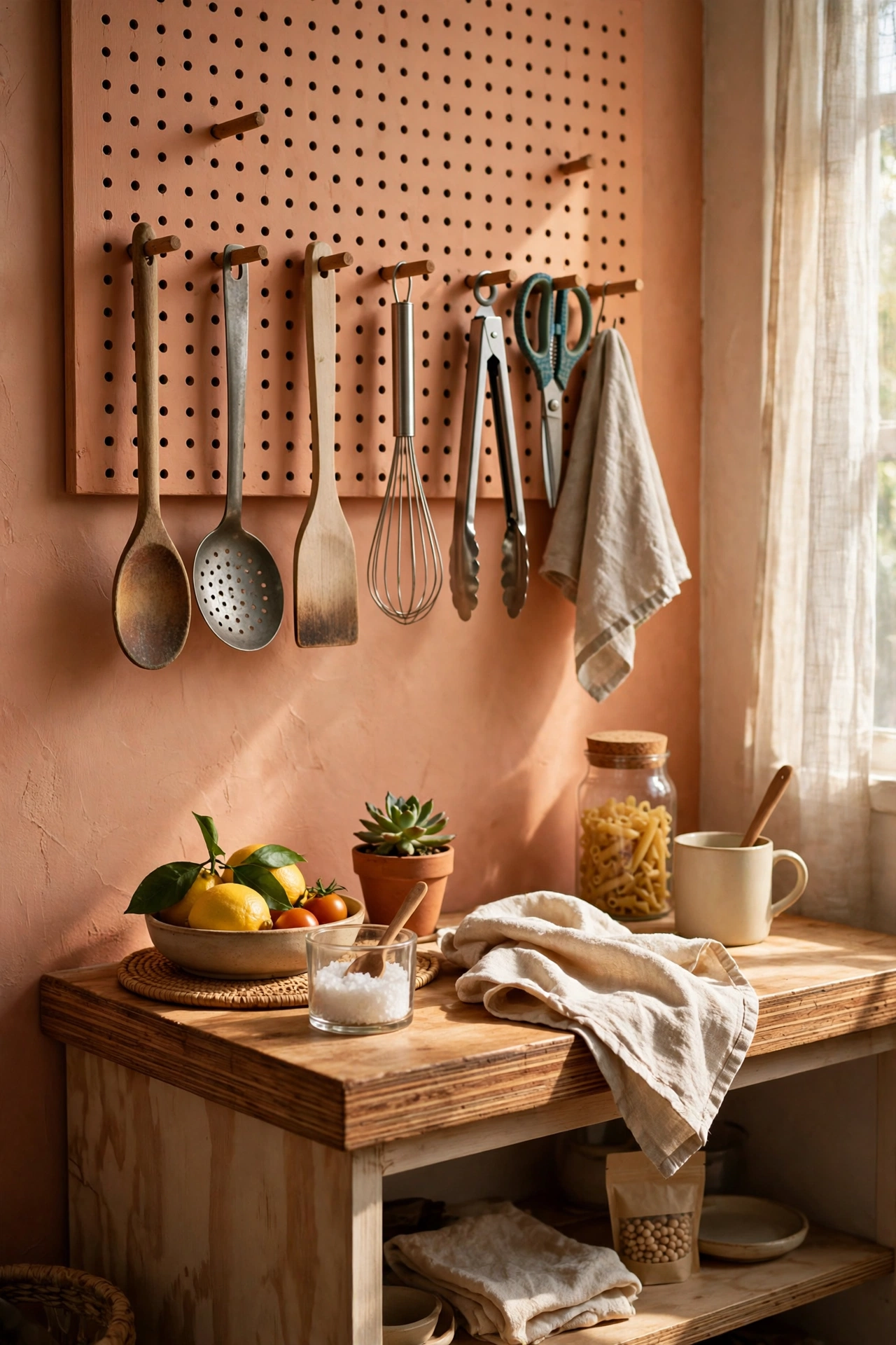Painted pegboard with cooking utensils hanging over a small kitchen counter
