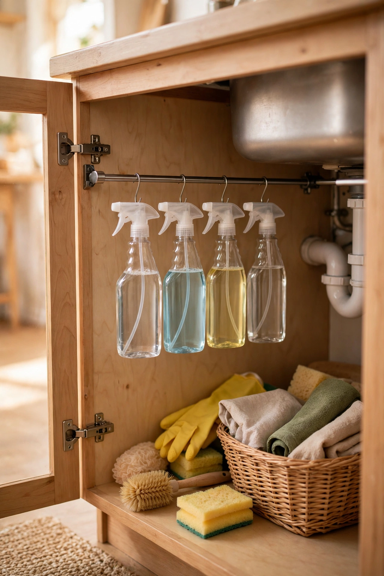 Tension rod under a kitchen sink holding spray bottles