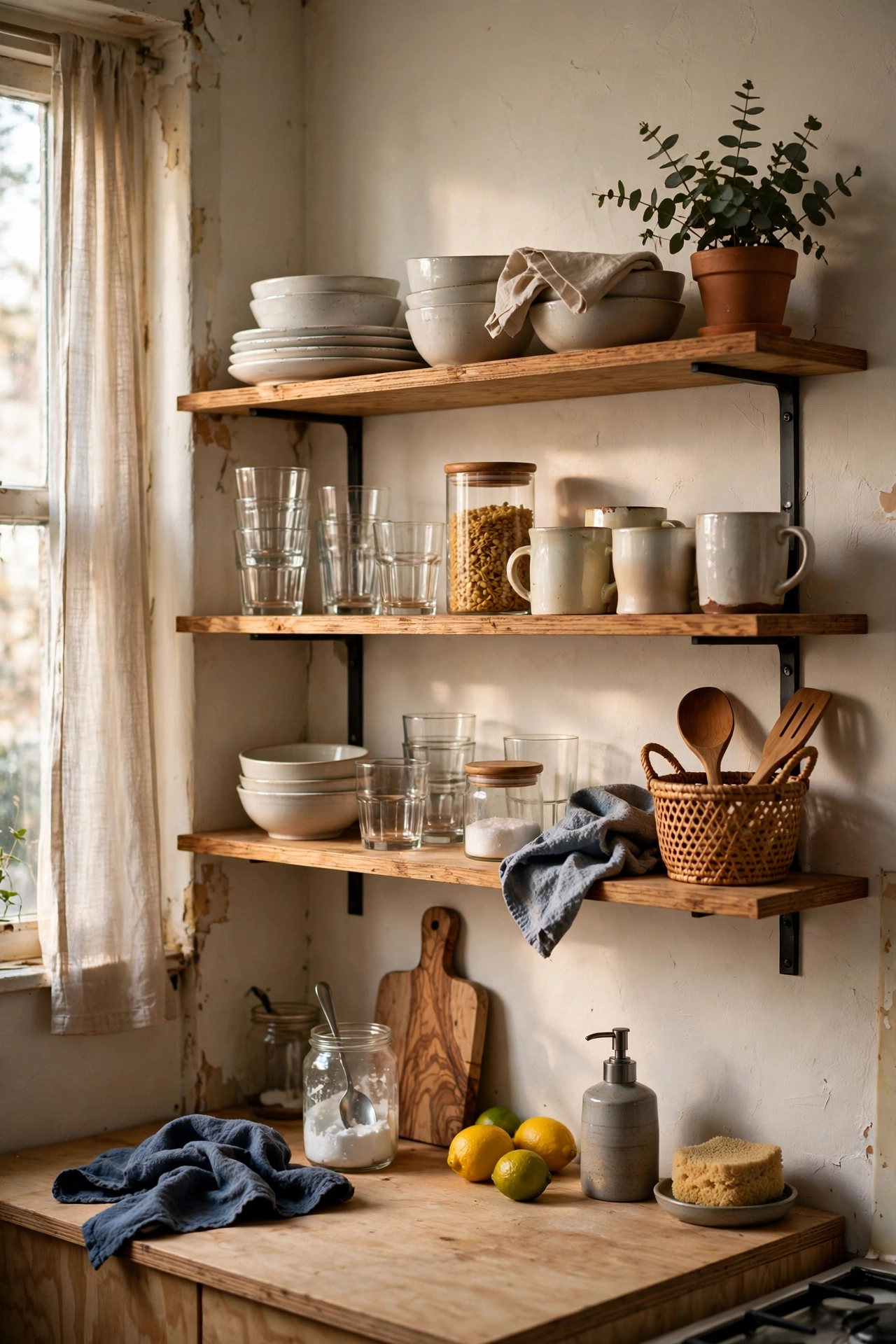 Open kitchen shelves with everyday dishes and glasses in a small apartment