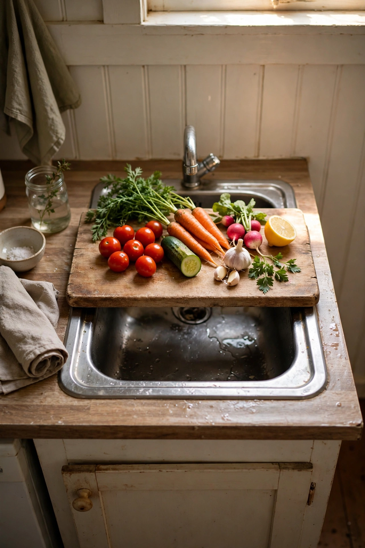 Wooden cutting board resting over a small kitchen sink with vegetables