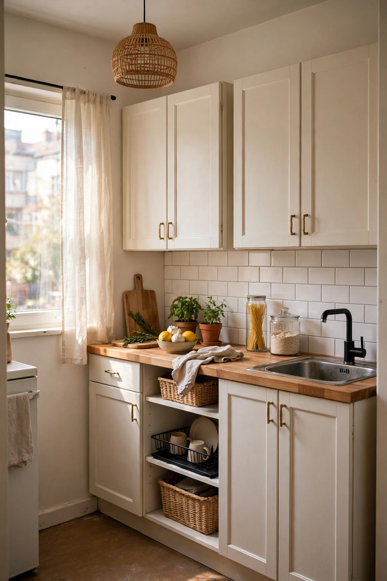 Small apartment kitchen with freshly painted light warm white cabinets