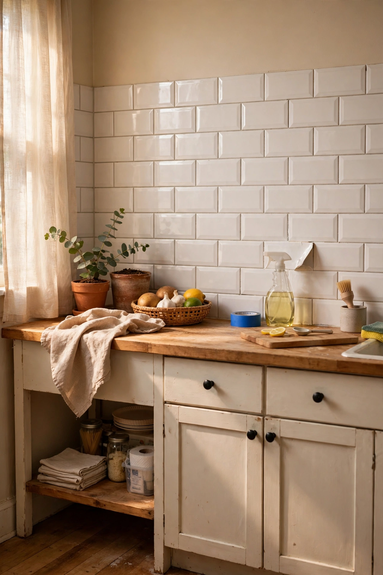 Peel-and-stick subway backsplash tiles in a small budget kitchen