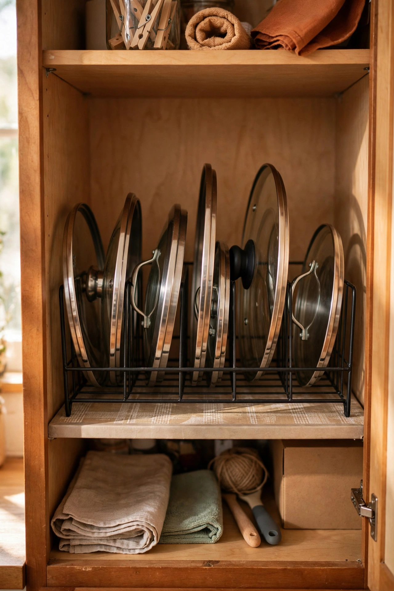 Pot lids stored upright in a file sorter inside a kitchen cabinet
