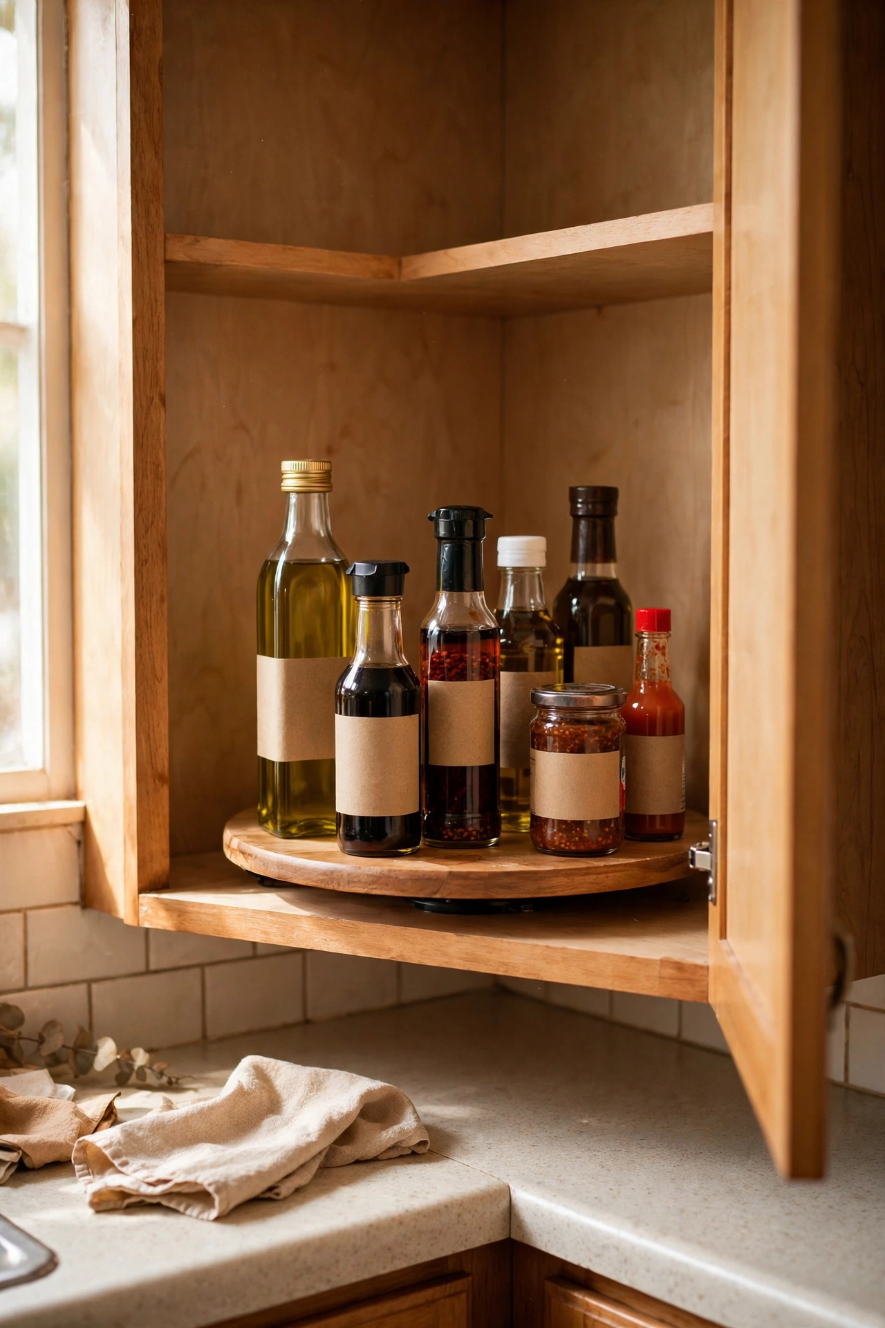 Lazy Susan turntable with oils and sauces in a corner kitchen cabinet