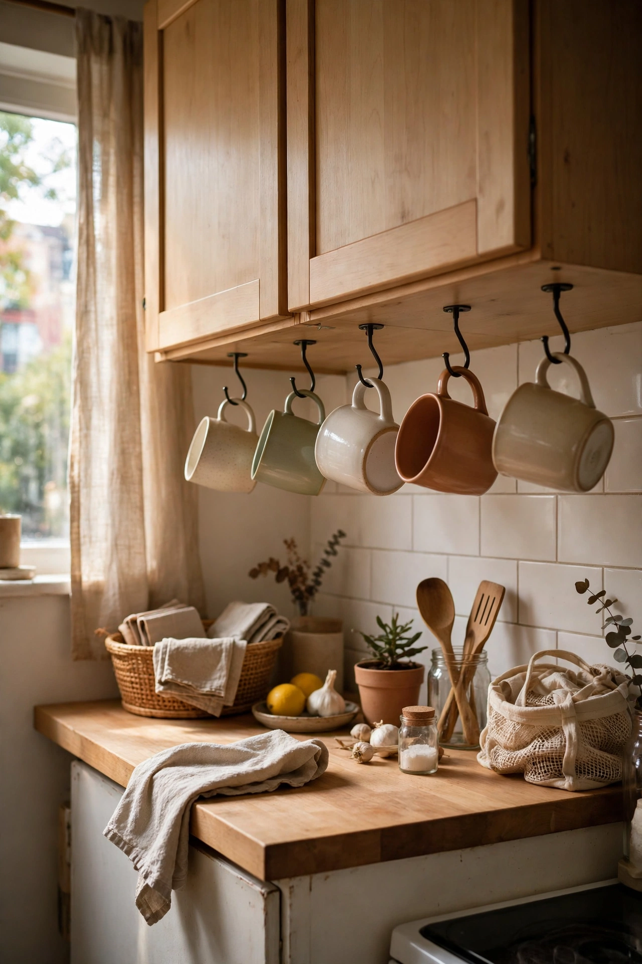 Mugs hanging from hooks under kitchen cabinets in a small apartment