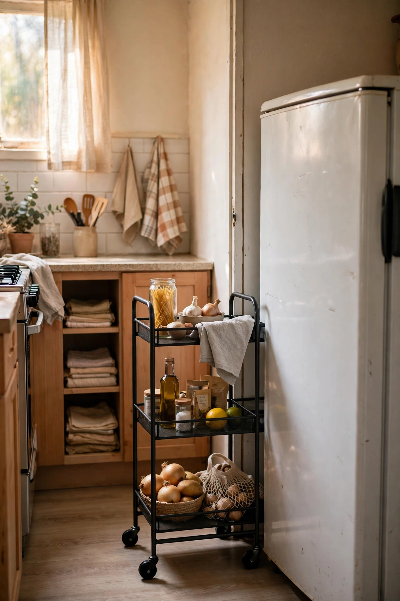 Slim rolling cart pulled out from between fridge and wall in a tiny kitchen