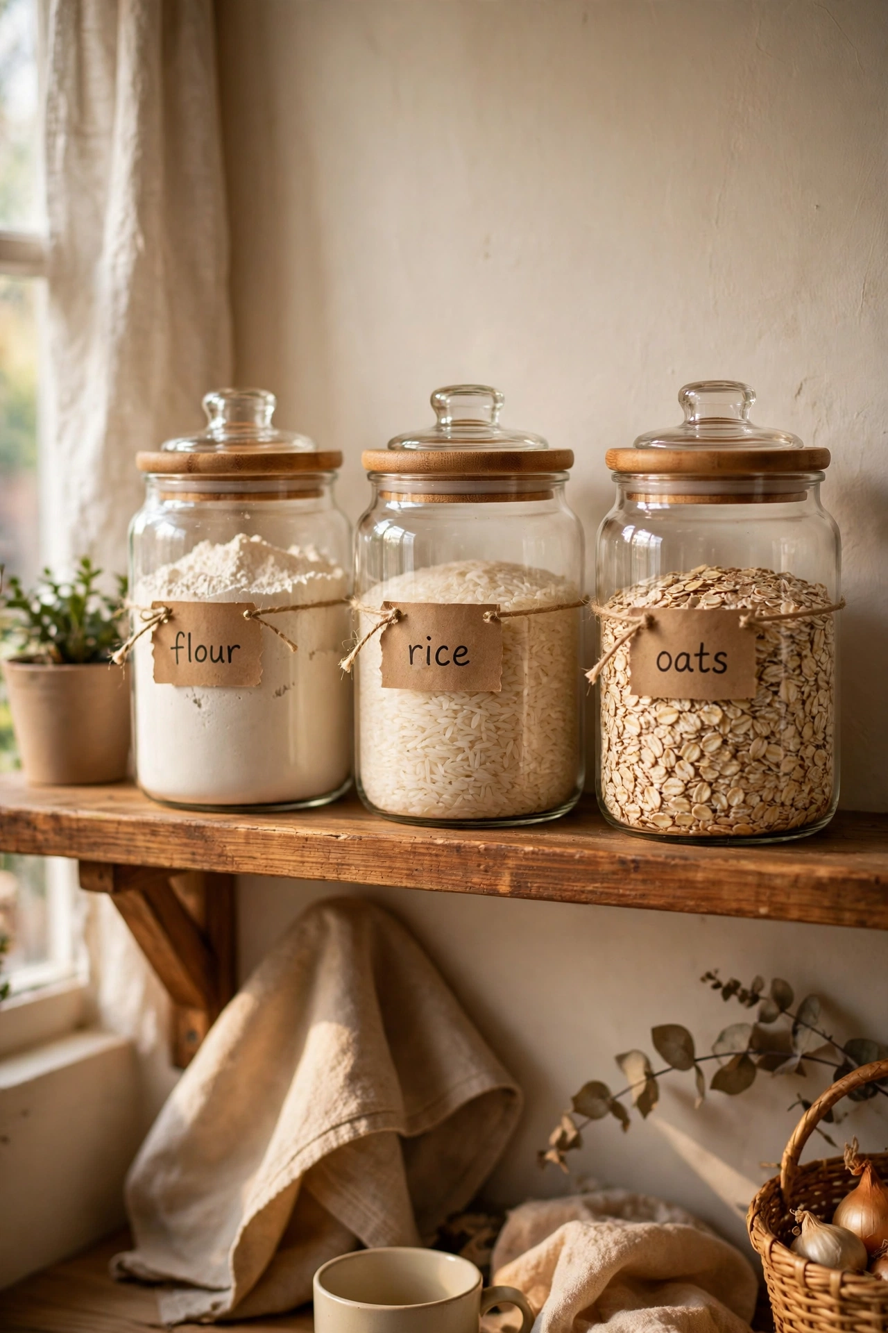 Matching labelled glass jars with flour rice and oats on a kitchen shelf