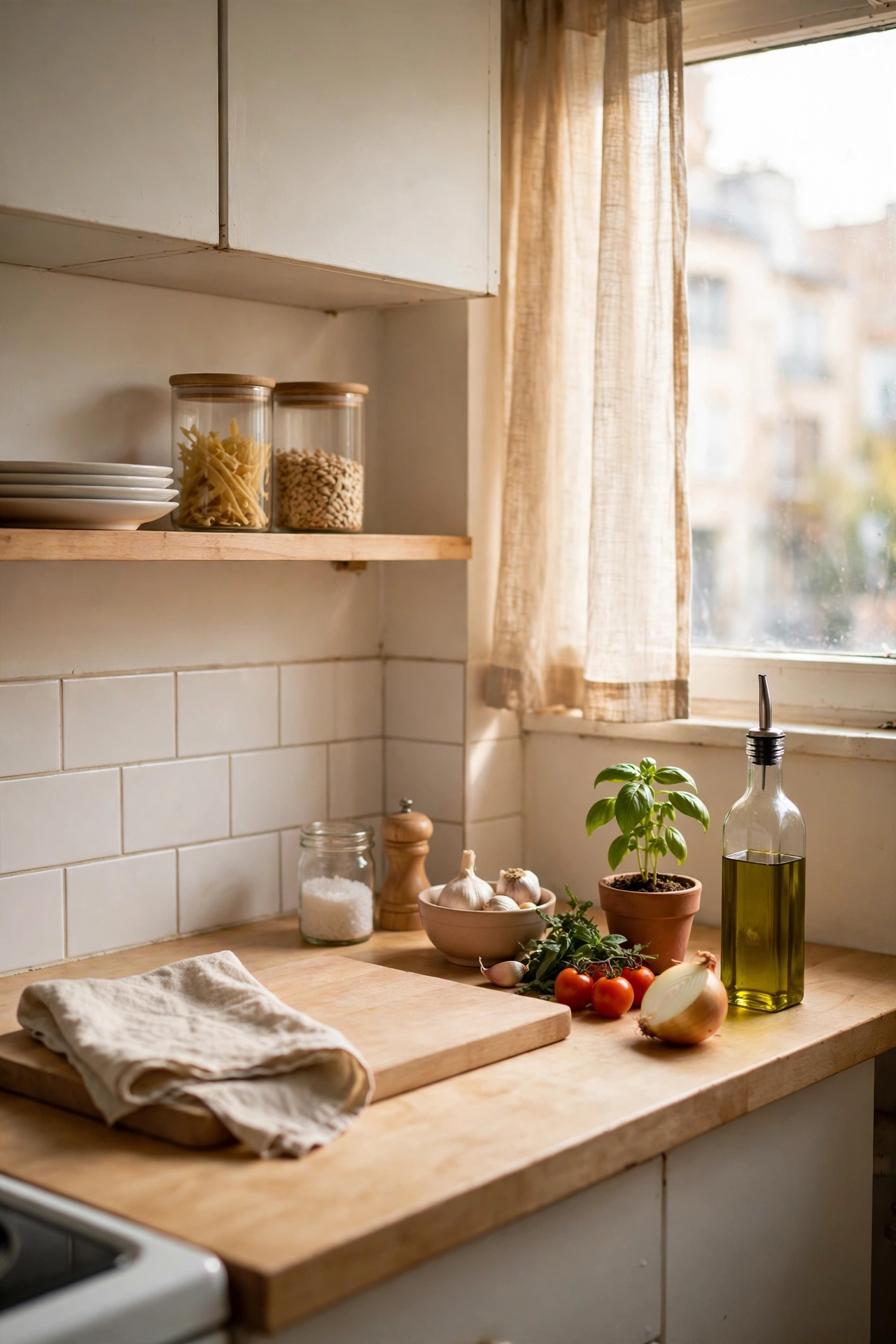Clear uncluttered kitchen counter ready for cooking in a small apartment