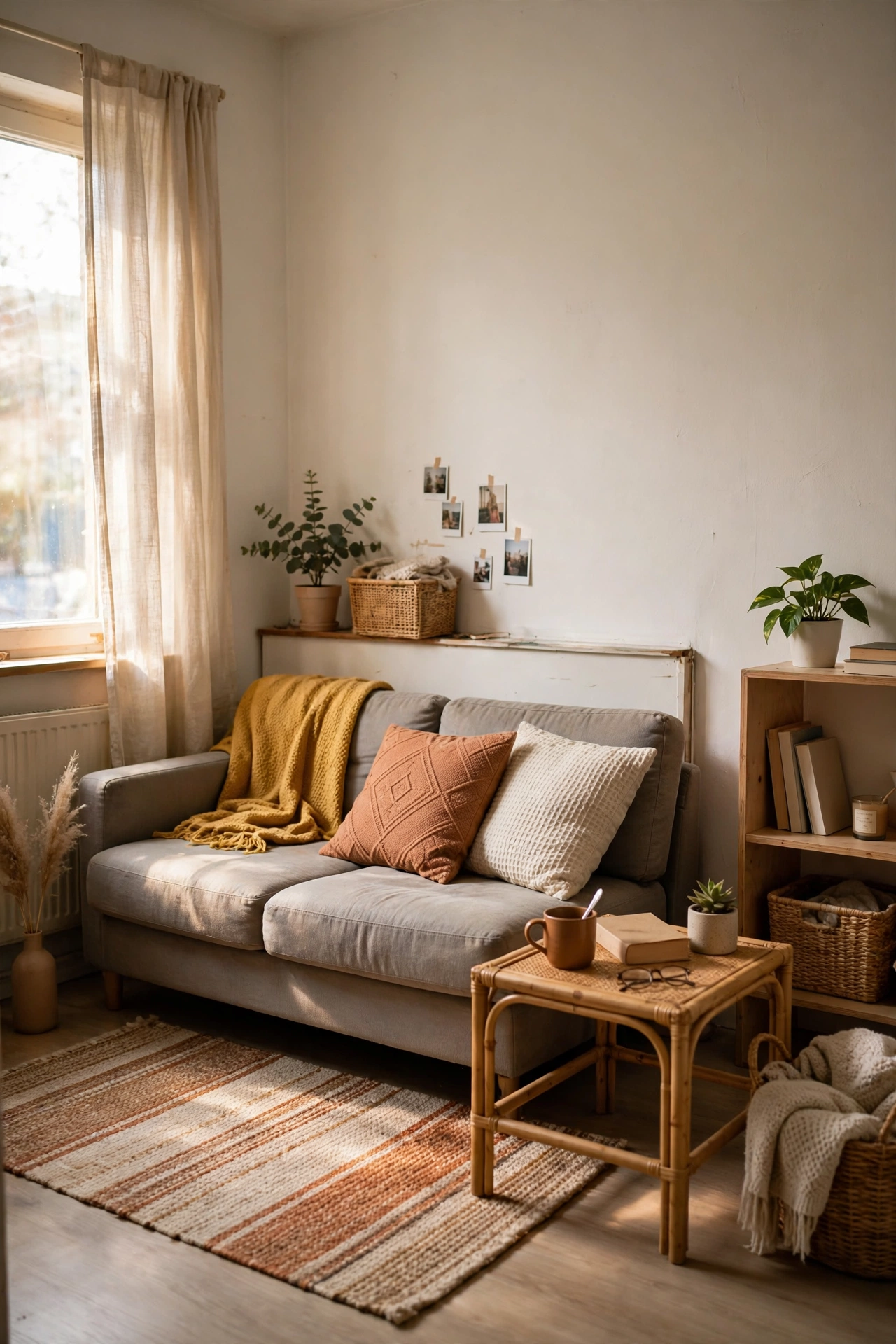 Sofa floated slightly off the wall in a small apartment living room