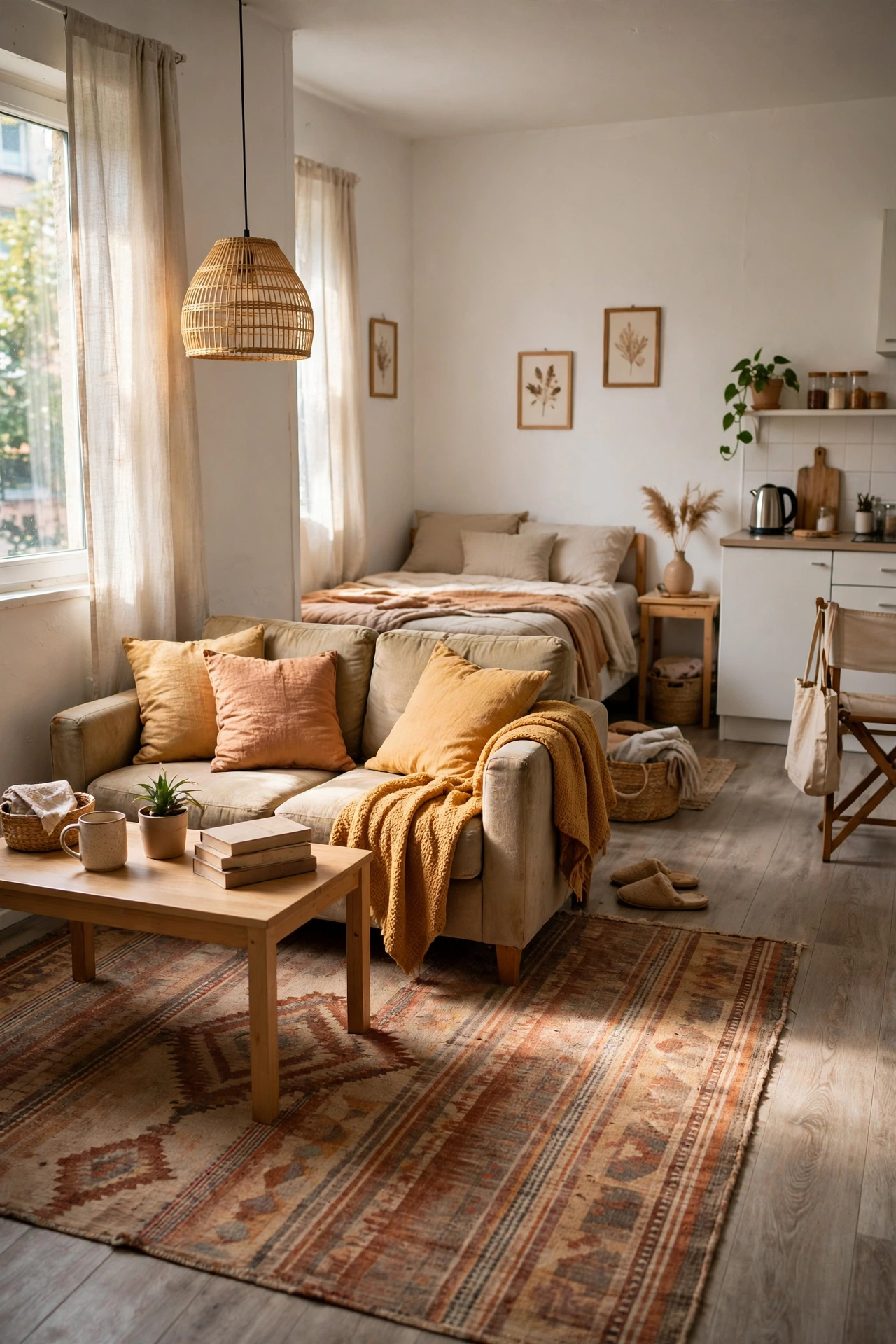 Large rug zoning a living area in a small studio apartment
