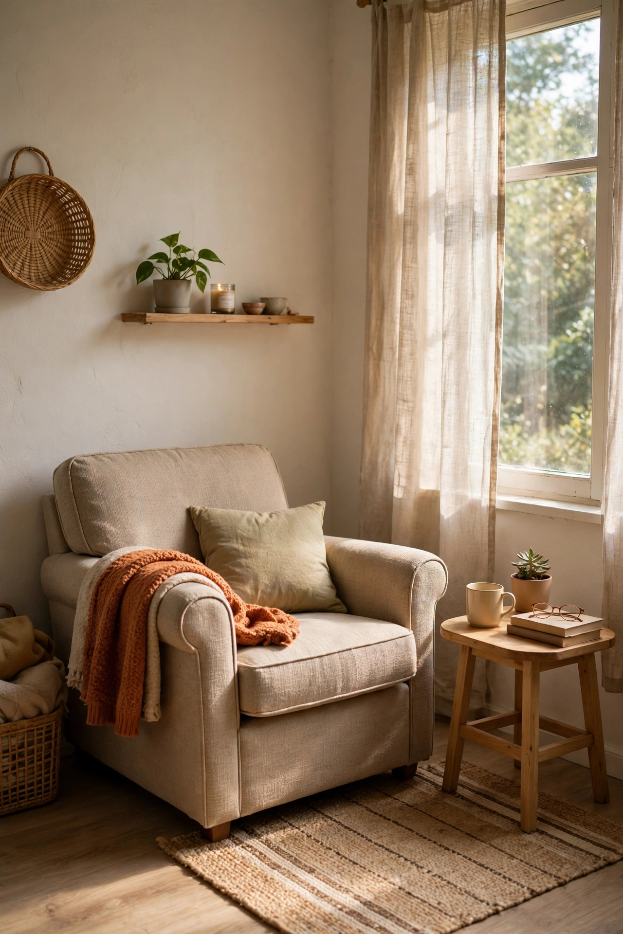 Armchair angled toward a window with a side table in a small living room