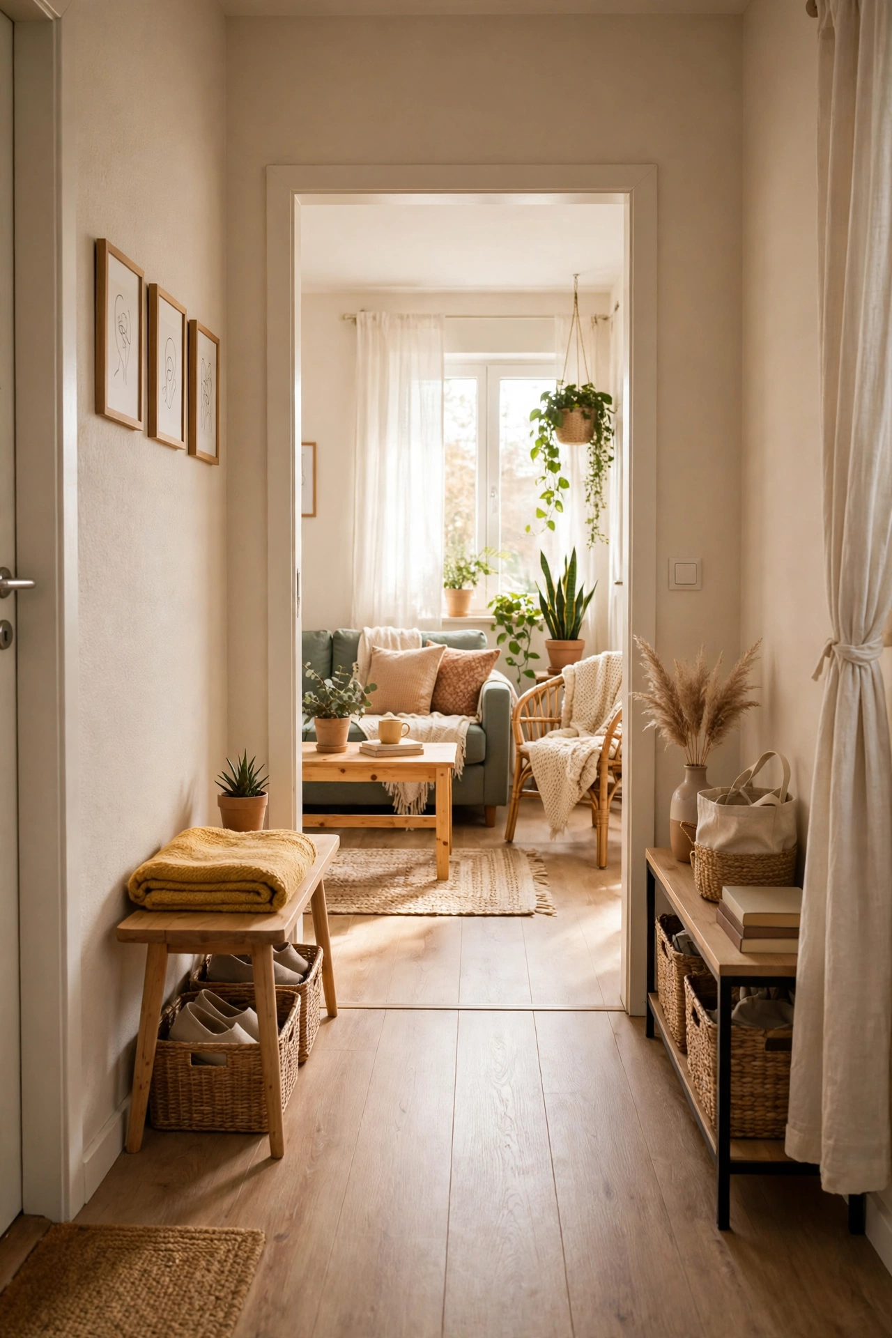 Clear wide walkway through a tidy small apartment living room