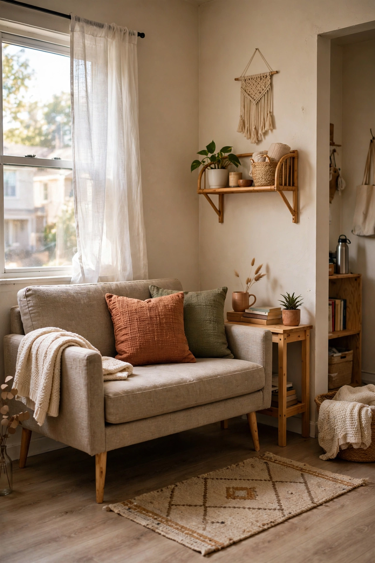 Slim loveseat with raised legs in a small apartment living room