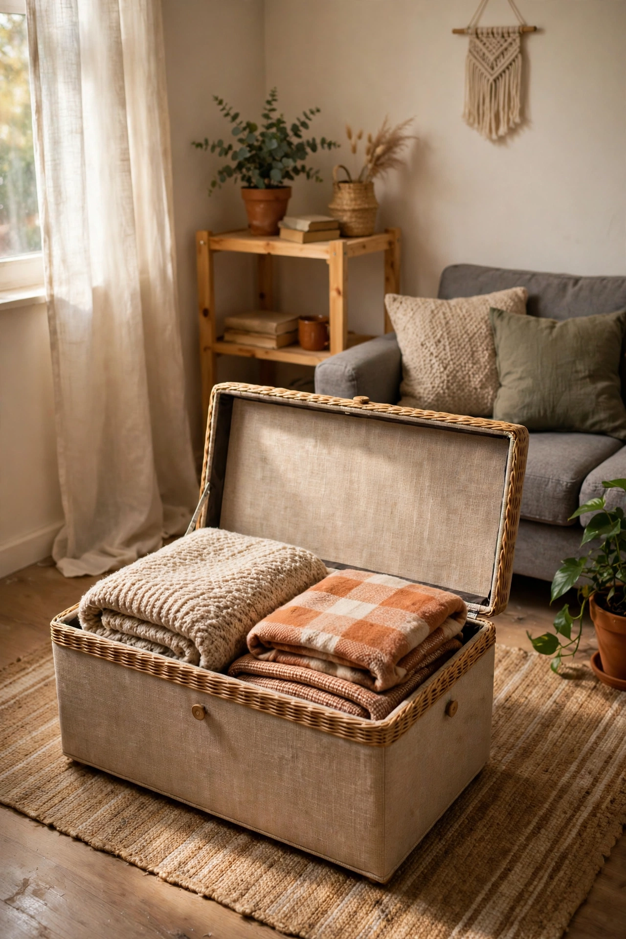Storage ottoman with blankets inside in a small living room