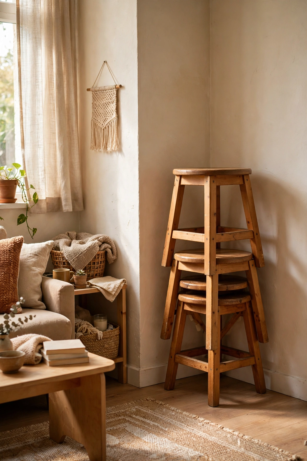 Stackable stools stored in a corner of a small living room
