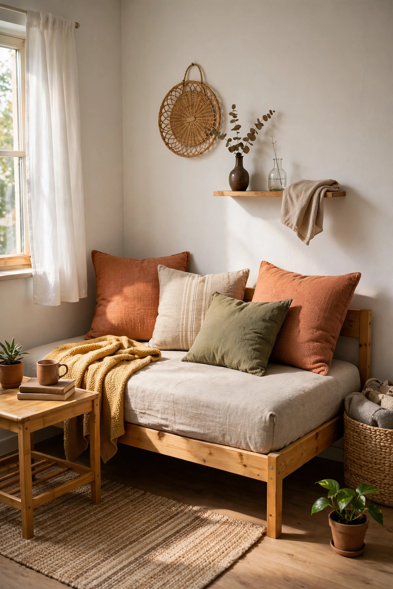 Daybed styled as a sofa with cushions in a small apartment