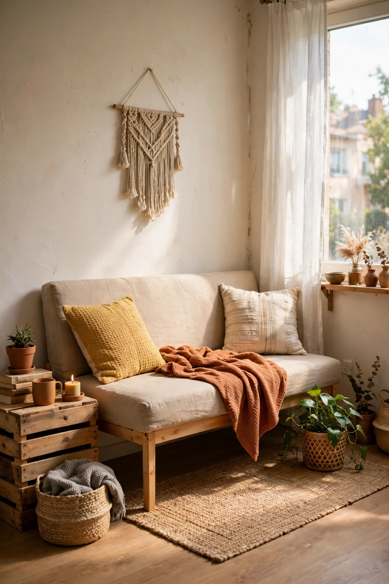 Slim armless sofa in a bright small apartment living room