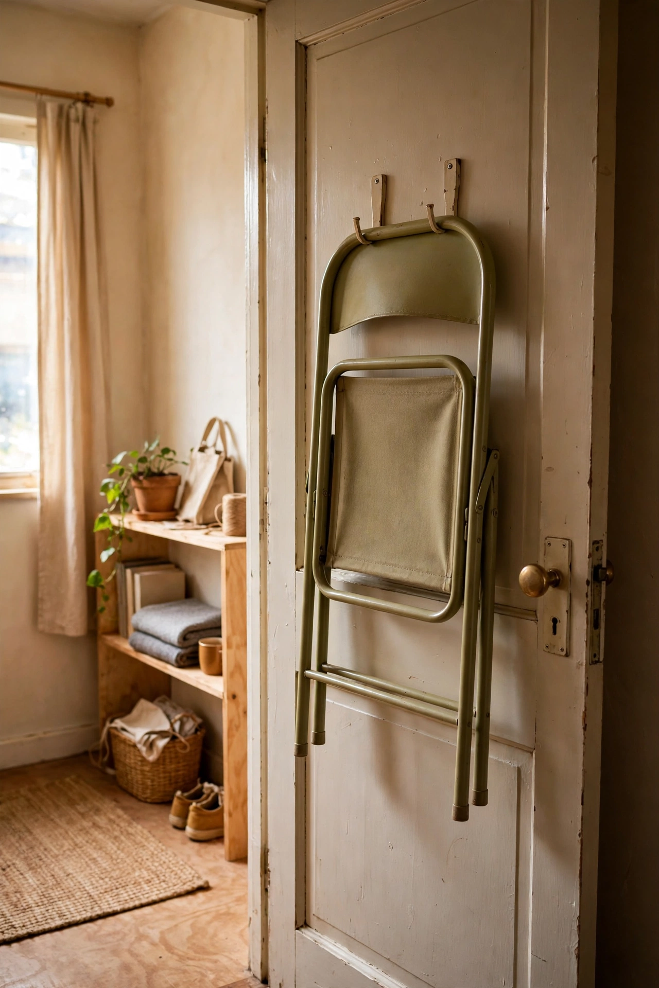 Folding chair hanging on hooks behind a door in a small apartment