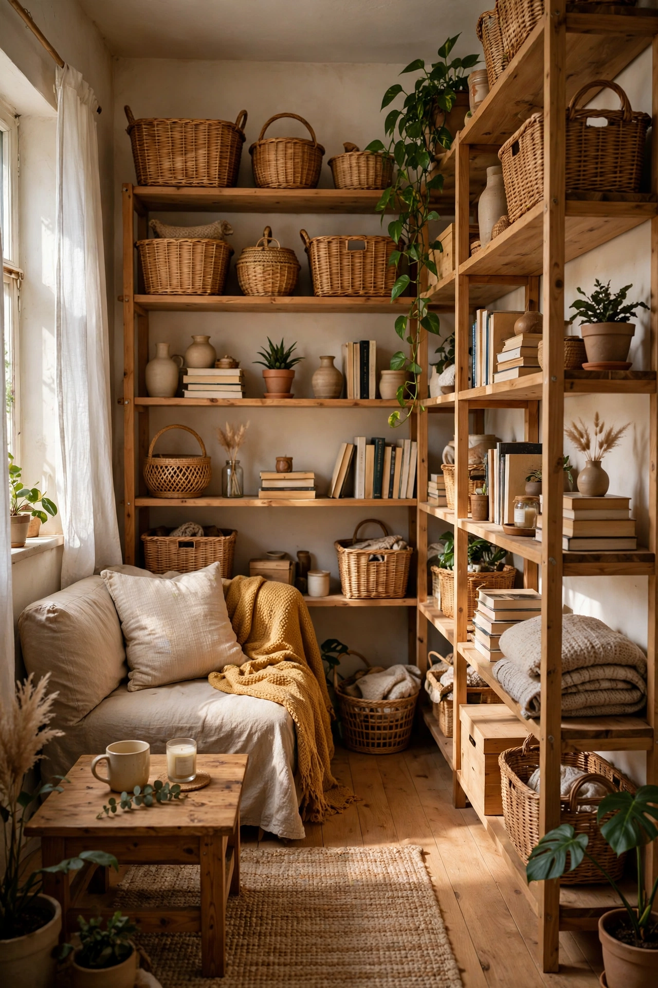 Tall shelves reaching the ceiling in a small living room