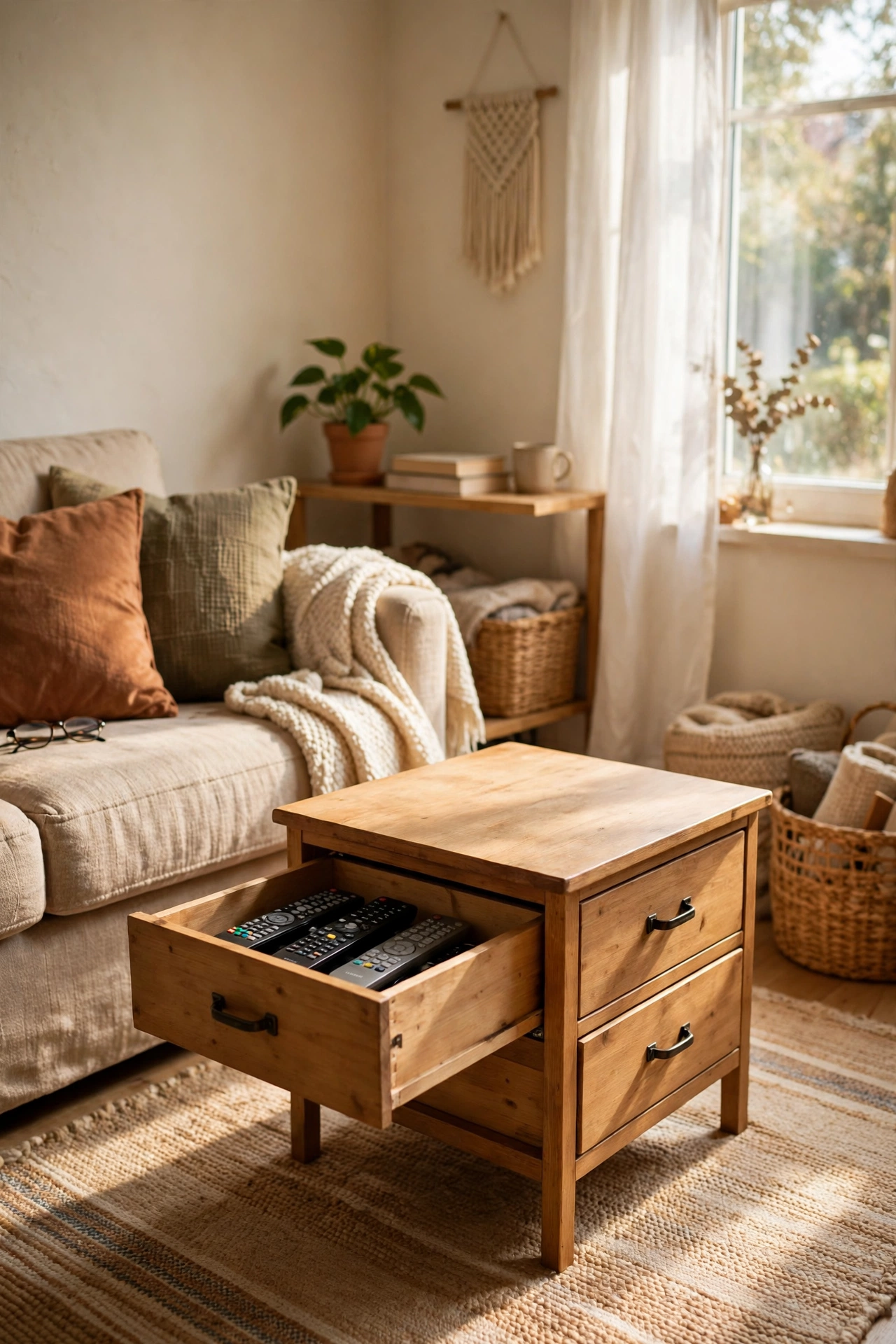 Coffee table with drawers hiding remotes in a small living room