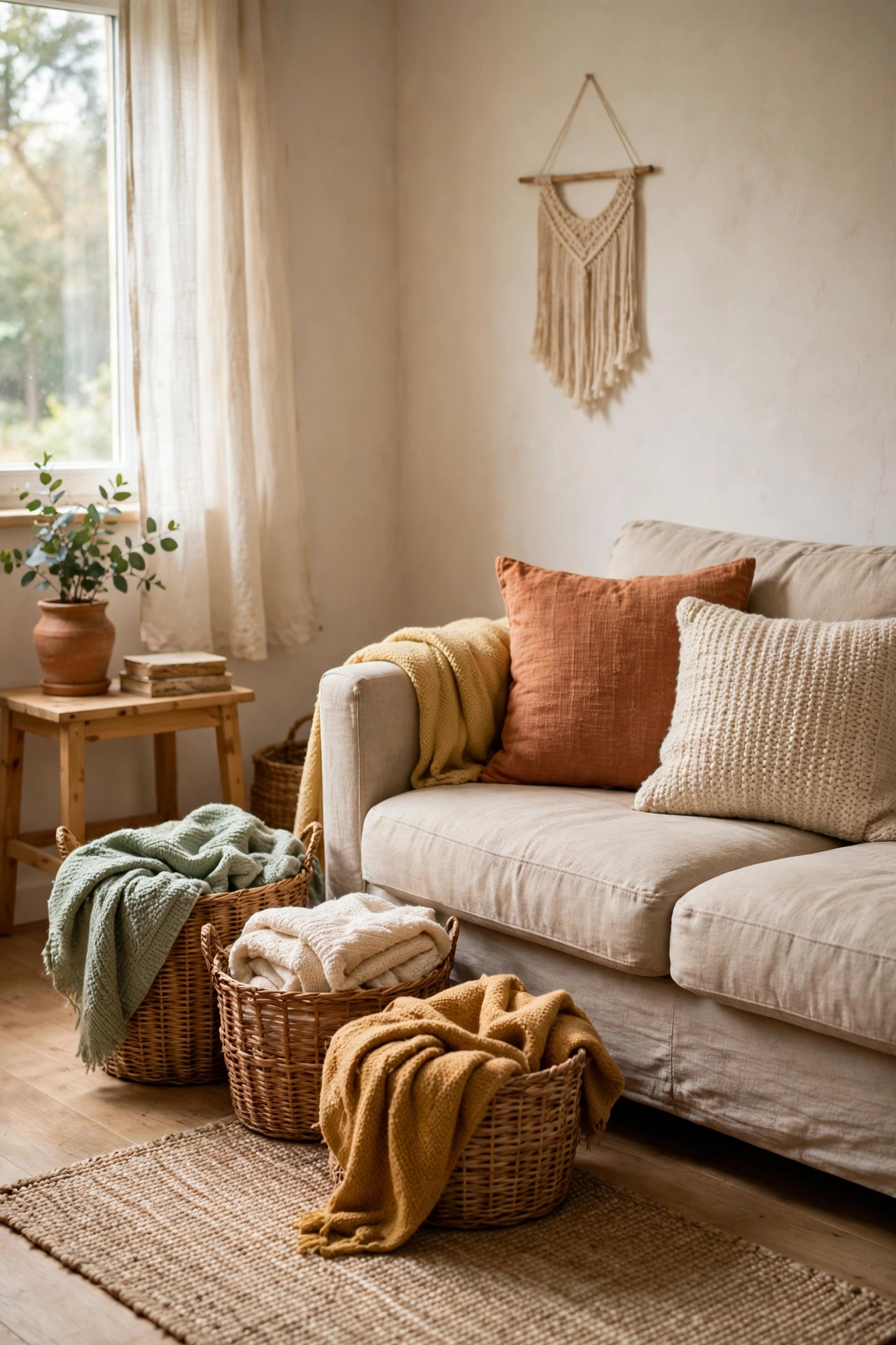 Woven baskets holding blankets beside a sofa in a small living room