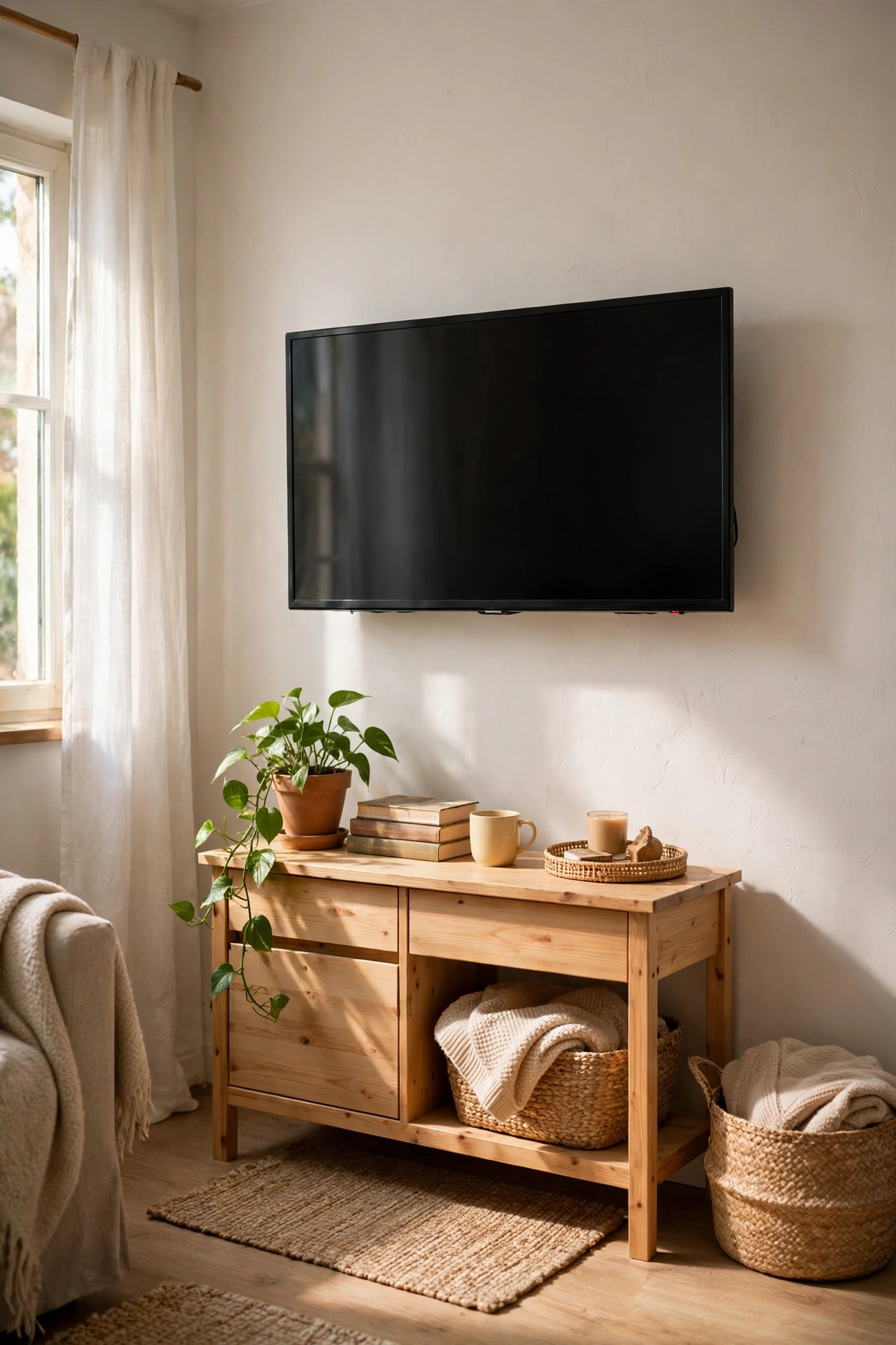Wall-mounted TV above a tidy console in a small living room