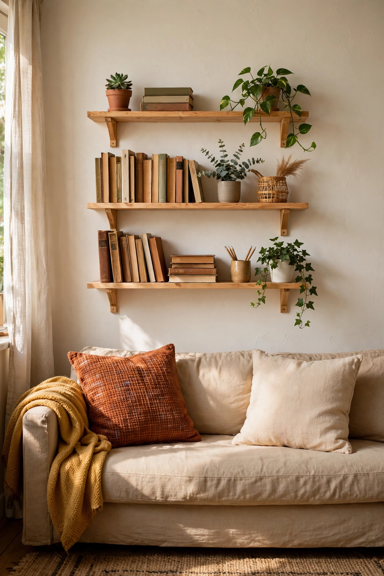 Floating shelves with books and plants above a sofa